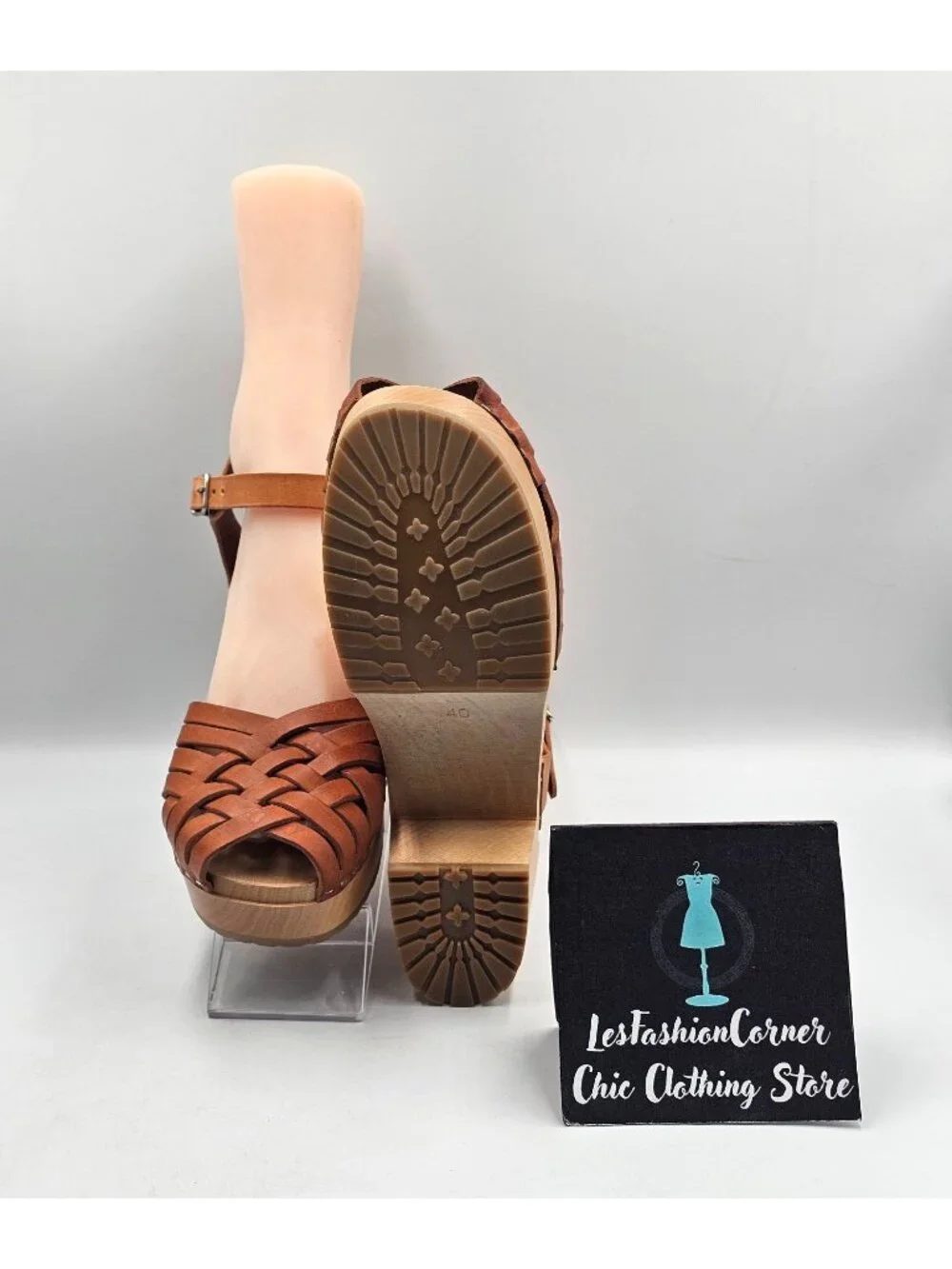 Swedish Hasbeens Womens Braided Tan Leather Sky High Wooden Clogs Sz 9.5 3719 - Picture 2 of 16